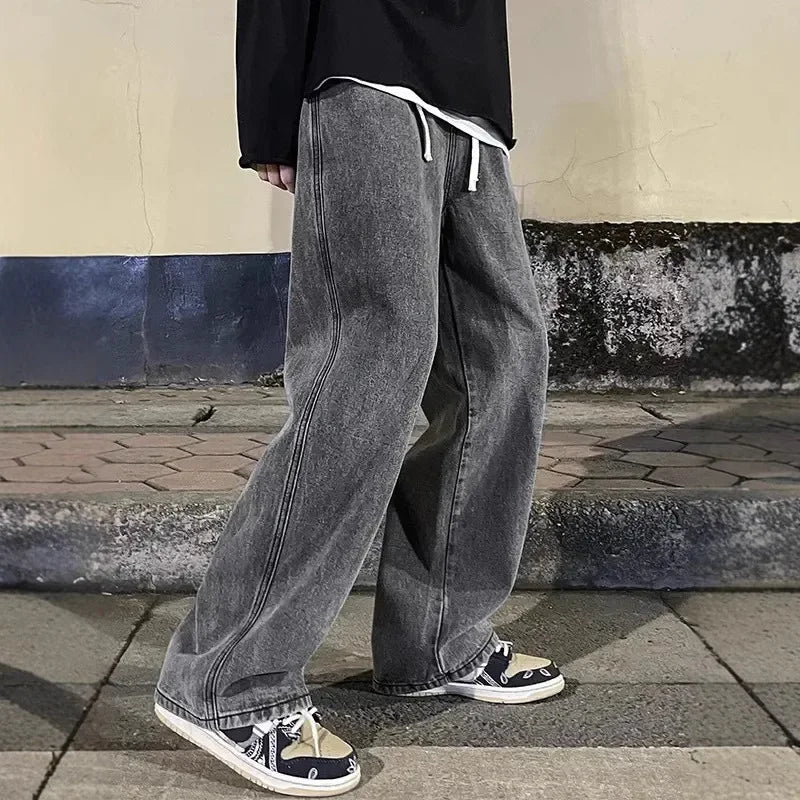 2024 New Streetwear Loose Jeans Men Korean Style Fashion Loose Straight Wide Leg Pants Men's Brand Clothing Black Light Blue