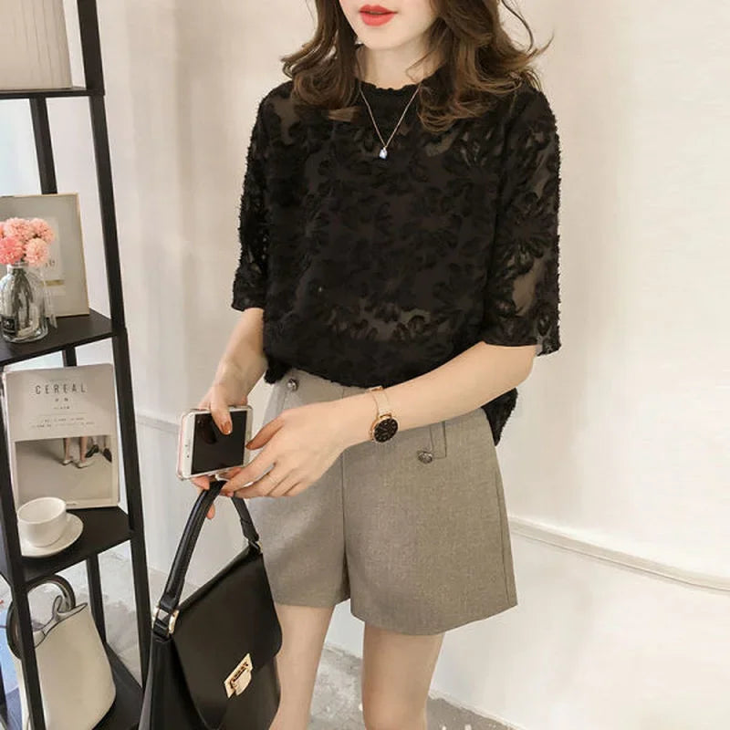 Elegant Women Blouse Fashion Lace Summer Half Sleeve Clothes Korean Style Ins Fairy Comfortable Leisure Party Feminine Tender
