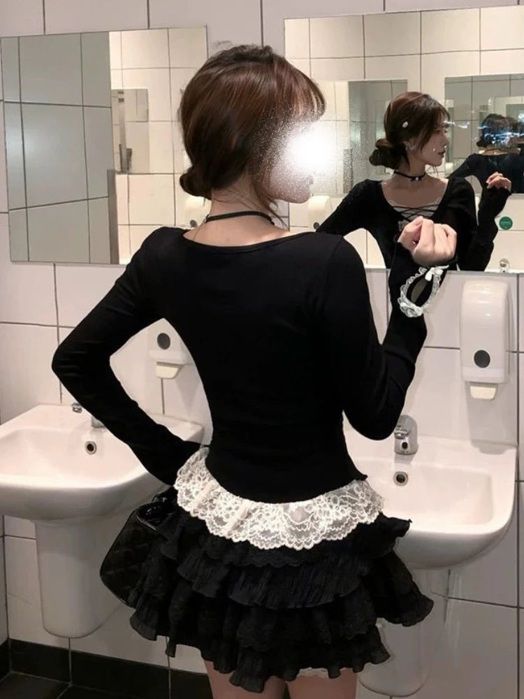 New Autumn Vintage Fashion Long Sleeve 2 Piece Set Woman Sexy Bow Lace Y2k Tops +Mini Skirt Harajuku Slim Korean Popular Clothes