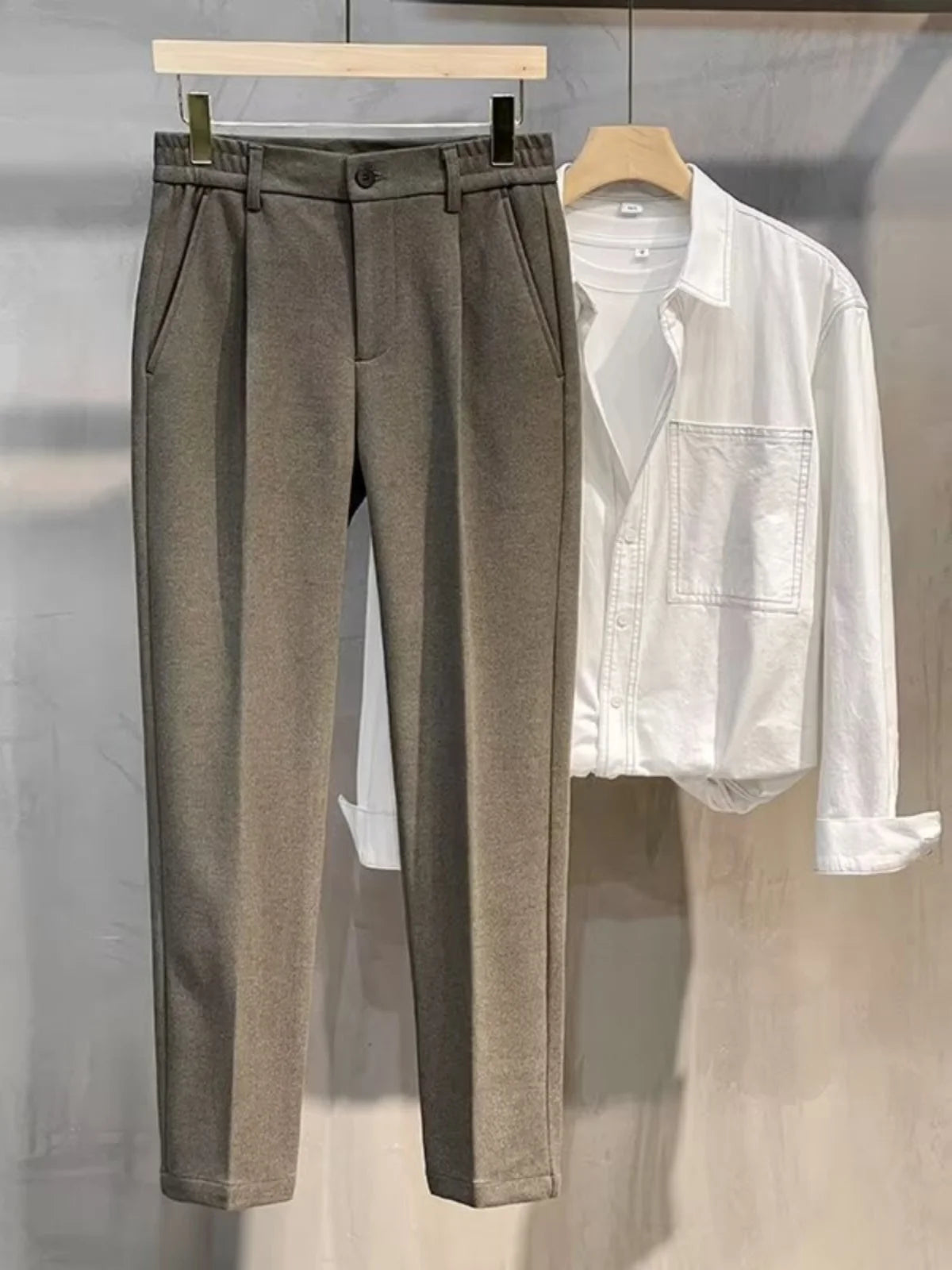 Men's Woolen Straight Leg Pants Autumn Winter Thiened Casual Long Trousers Faionable Korean Sle Nine Points Pants