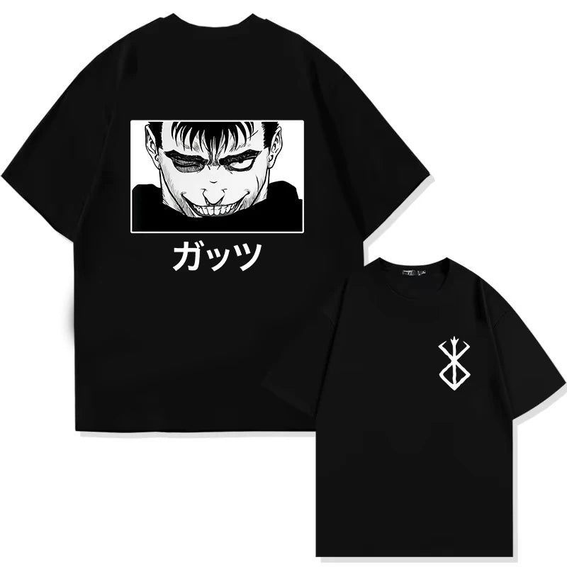 Japan Anime Berserk T-Shirt Guts Print Graphic Tee Men's 90s Summer Short Sleeve Casual Manga Dark Fantasy Black Swordsman Style