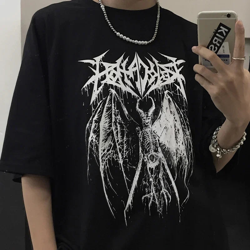 Women's T-shirt Harajuku Y2K Top Oversized T Shirt Retro Korean Style Black Demon Punk Gothic Anime Print Clothes Streetwear