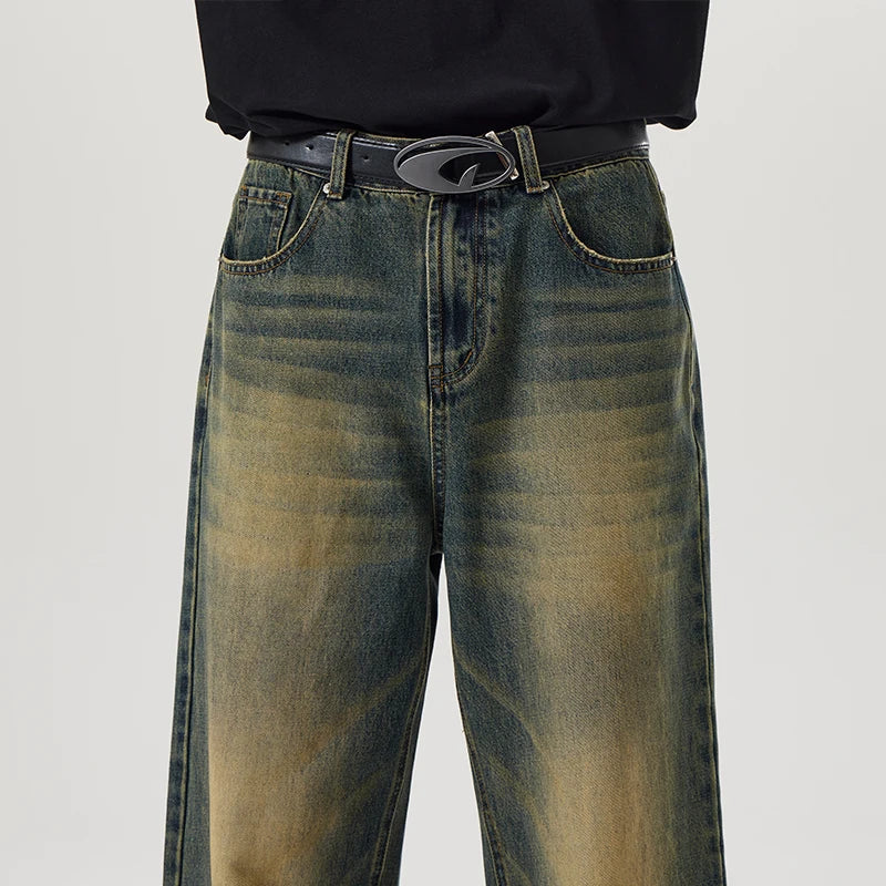 Vintage Distressed Men's Baggy Straight Jeans Spring Autumn Korean High Street Moustache Effect Denim Pants Streetwear Trousers