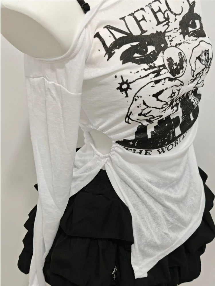 2000s Aesthetic Sweet Retro Women Clothes 2 Piece Set Chic Off Shoulder Tops + Black Fluffy Skirt Korean Popular Outfits Summer