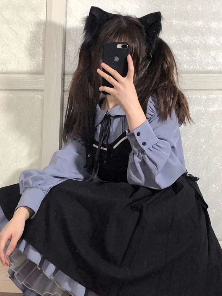 Dress Sets Women Long Sleeve High Waist Patchwork Spring A-line Korean Style Lovely All-match Design Aesthetic Clothes Y2k Chic