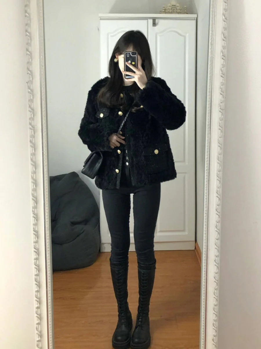Bla Lamb Fur Jaet Women's 2025 New Winter Korean Sle Petite Ele Lady Cotton Clothes Button Thiened Long Sve