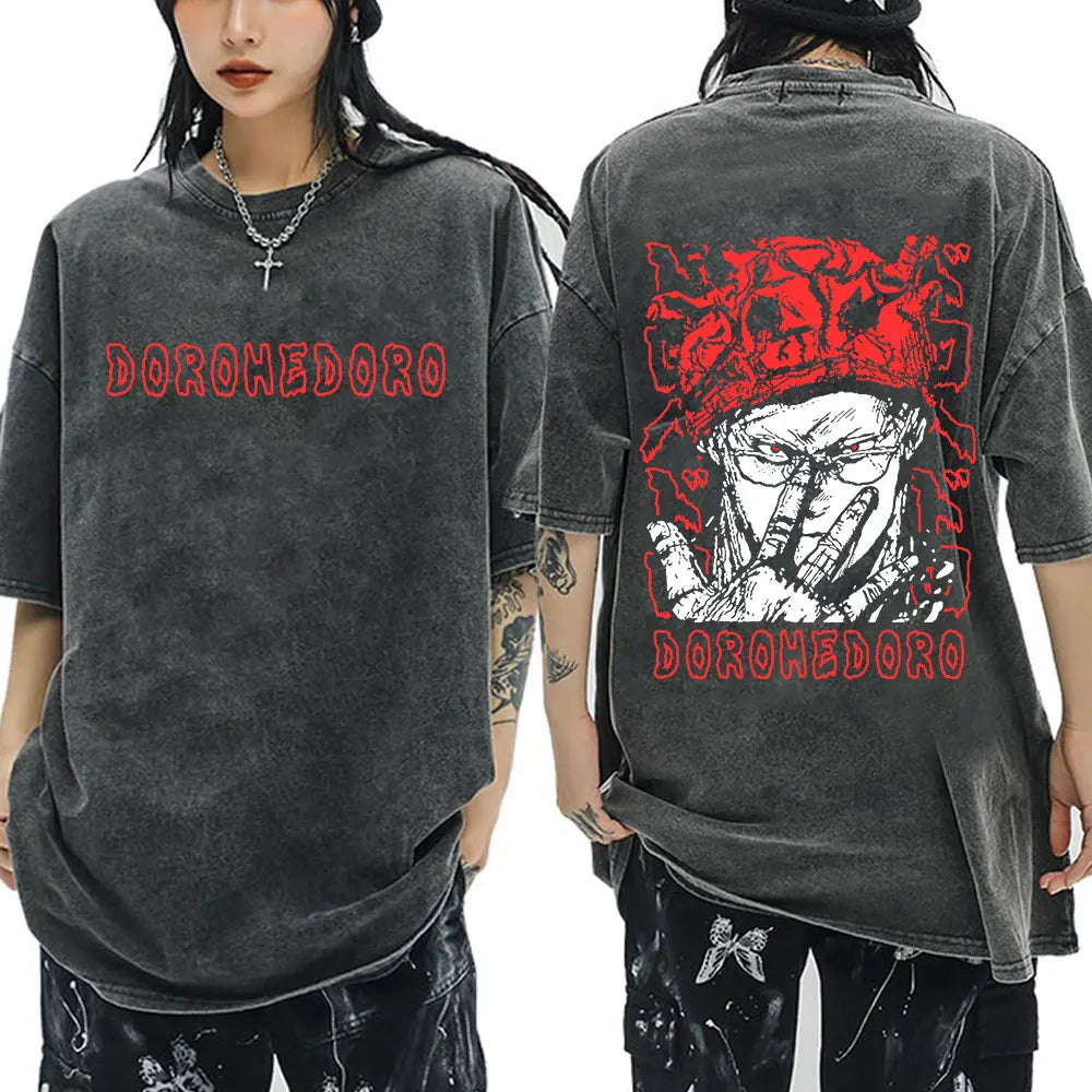 Japanese Anime Dorohedoro Kaiman Vintage Washed T-shirt Men Women Cool Manga Graphic T-shirts Gothic Horror Tee Shirt Oversized
