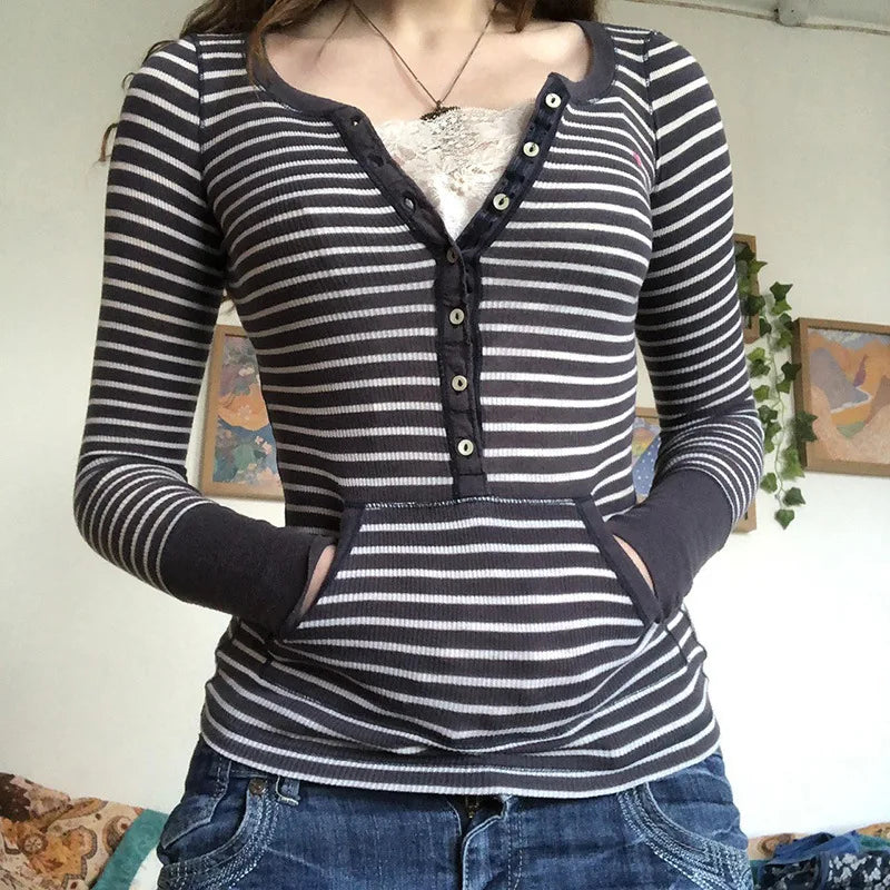 Vintage Lace Patchwork Cute Cotton Tshirts Women Korean Fashion Button Fairy Grunge Y2K Clothes Casual Spring Autumn Retro Tops