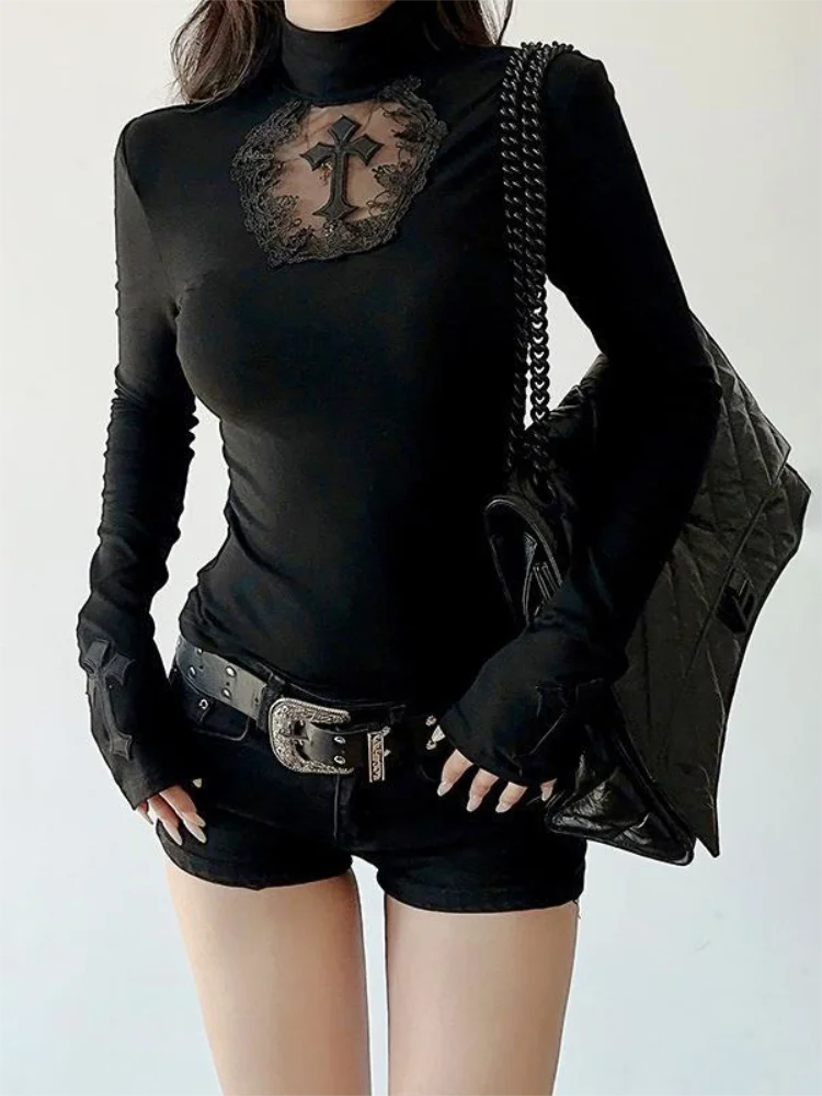 Turtleneck Top Y2k Clothes Black Gothic Cross Hollow Slimming Bottom T Shirt for Women Long Sleeve Sexy T-shirt Girls Tops