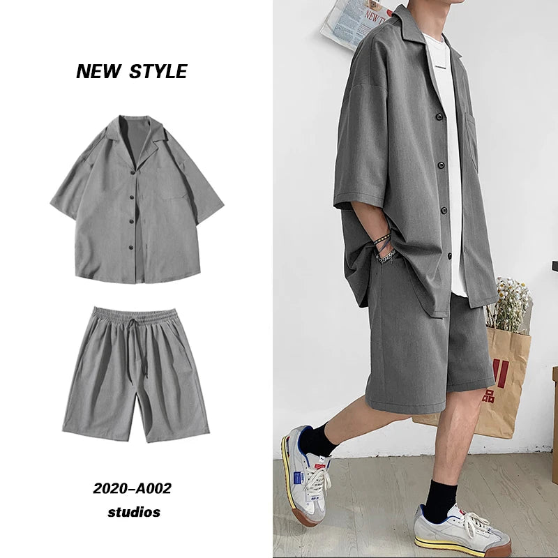 Summer 2 Piece Set Men Suit Jacket and Shorts Oversized Clean Fit Male Clothes Korean Style Casual Loose Short Shirt Outfits Man