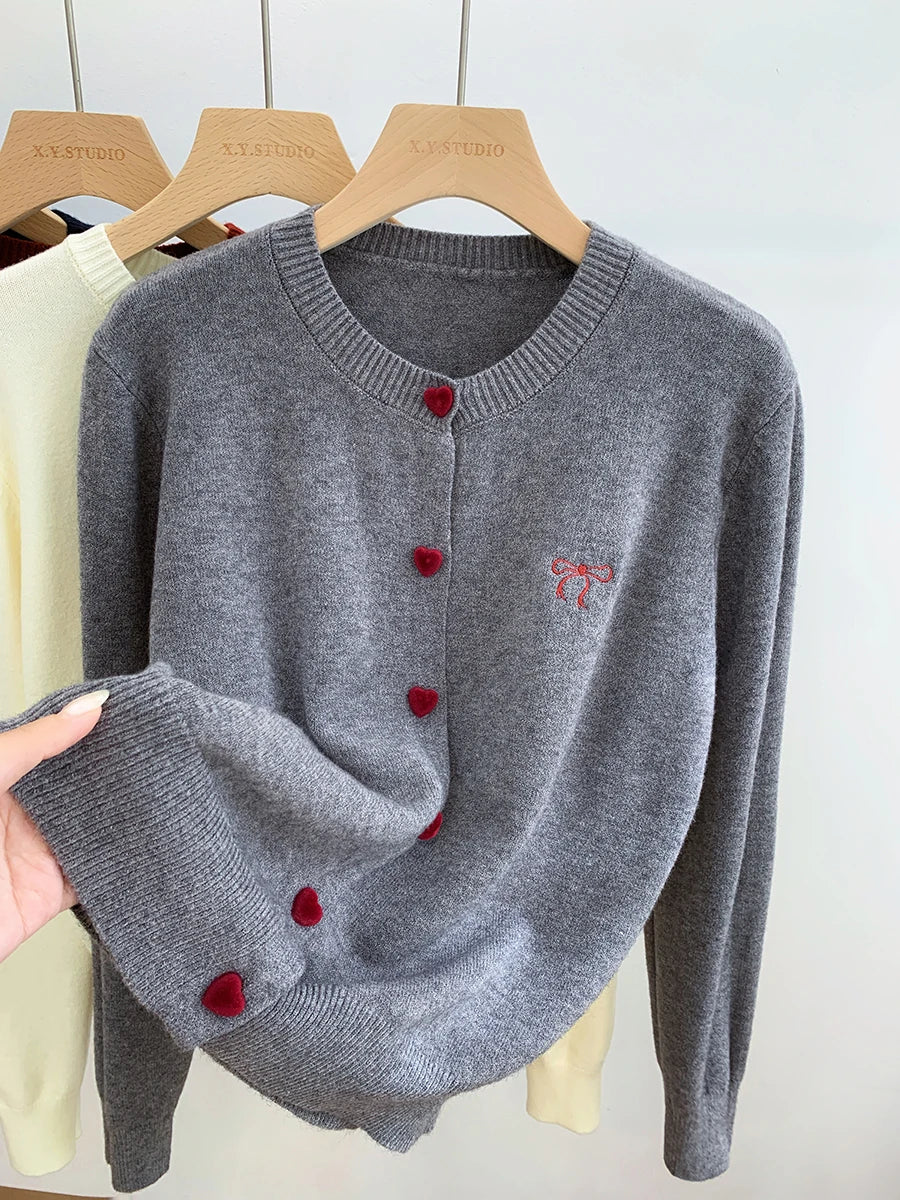 Women O-Neck Single Breasted Heart Button Sweater 2025 Bow Embroidery Knitted Cardigan Korean Casual Solid Tops Woman Clothes 45