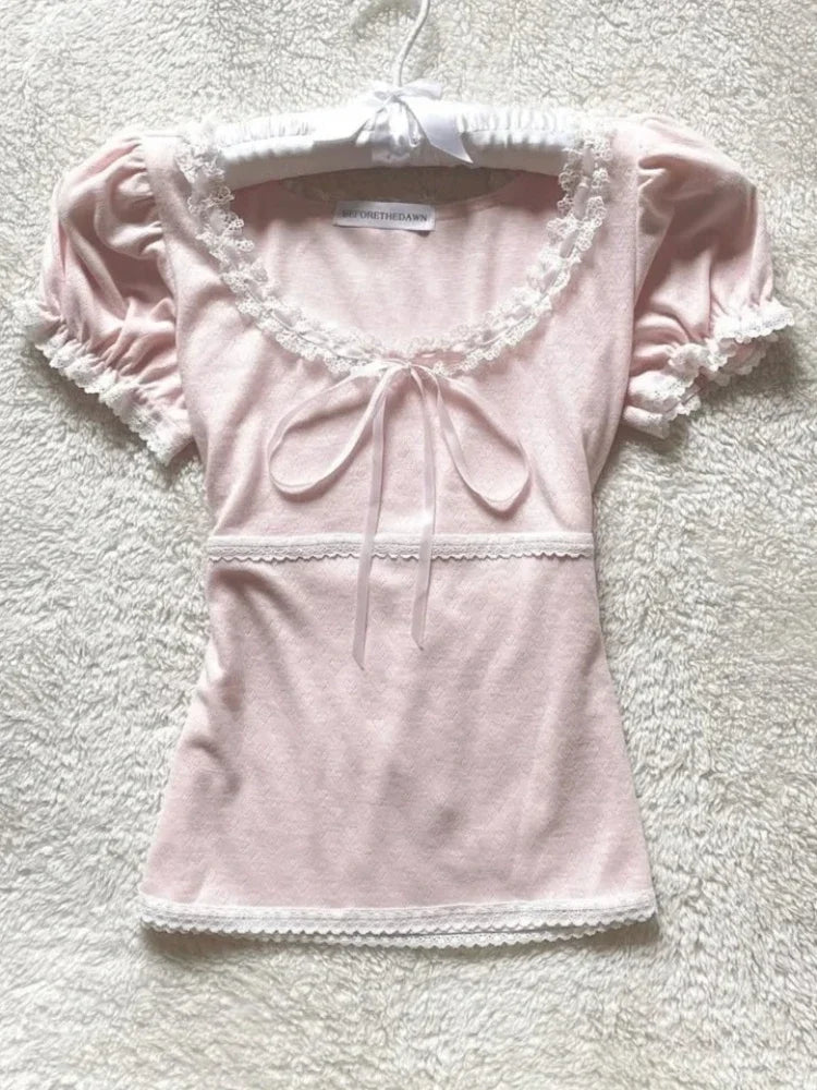 2025 Ropa Mujer T-Shirts Women Clothes Short Sleeve Lace O-neck Sweet Tees Fashion Casual Summer Tshirt Korean Camisetas Kawaii