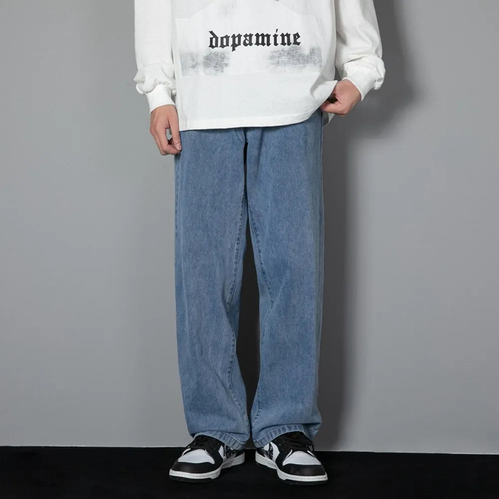 Korean Solid Colors Men's Casual Long Jeans Classic Man Four Seasons Straight Denim Wide-leg Pants Light Blue Grey Black 3XL
