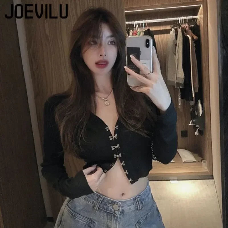 JOEVILU Chic Crop Tops Sexy V-neck Knitted Cardigan Spring and Autumn Long Sleeve T-shirt Women's Korean Y2k Top Gothic Clothes