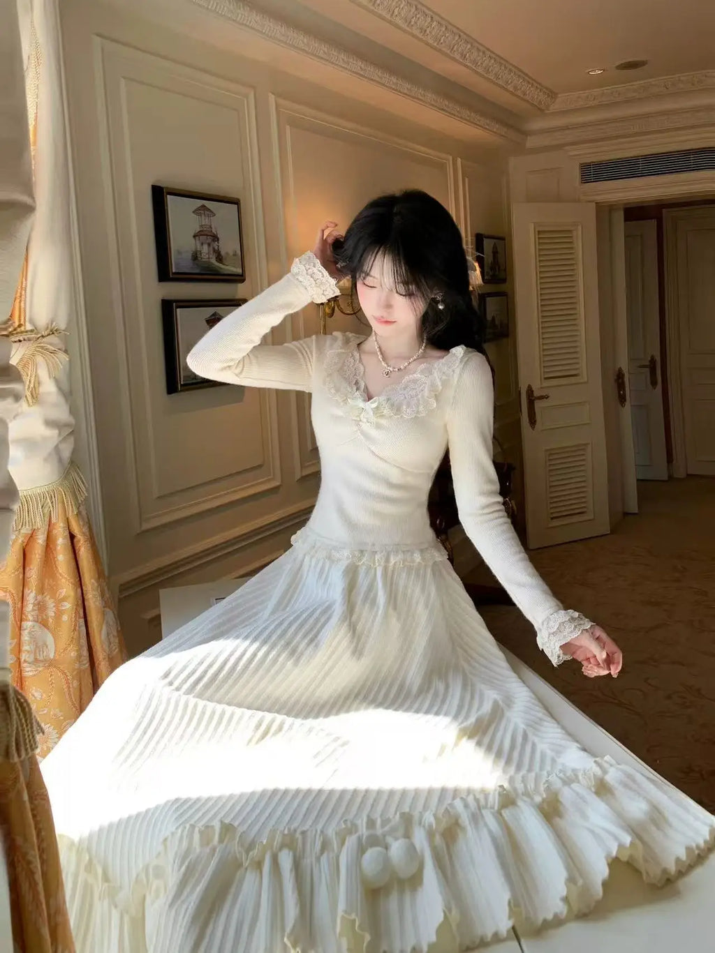 Winter Sweet Elegant Knit 2 Peice Sets Woman Y2k Sexy Lace Design Cute Warm Sweater Suit Feamale Princess Korean Popular Clothes