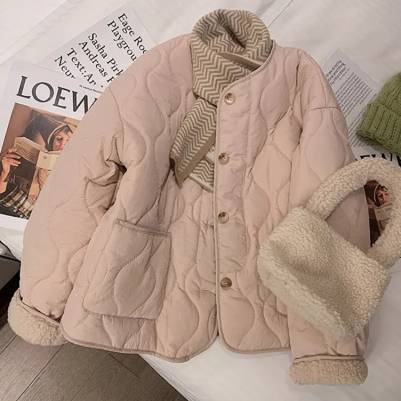 Korean version of pink lambswool cotton-padded clothes women's winter new thick round neck lambswool coat cotton-padded jacket