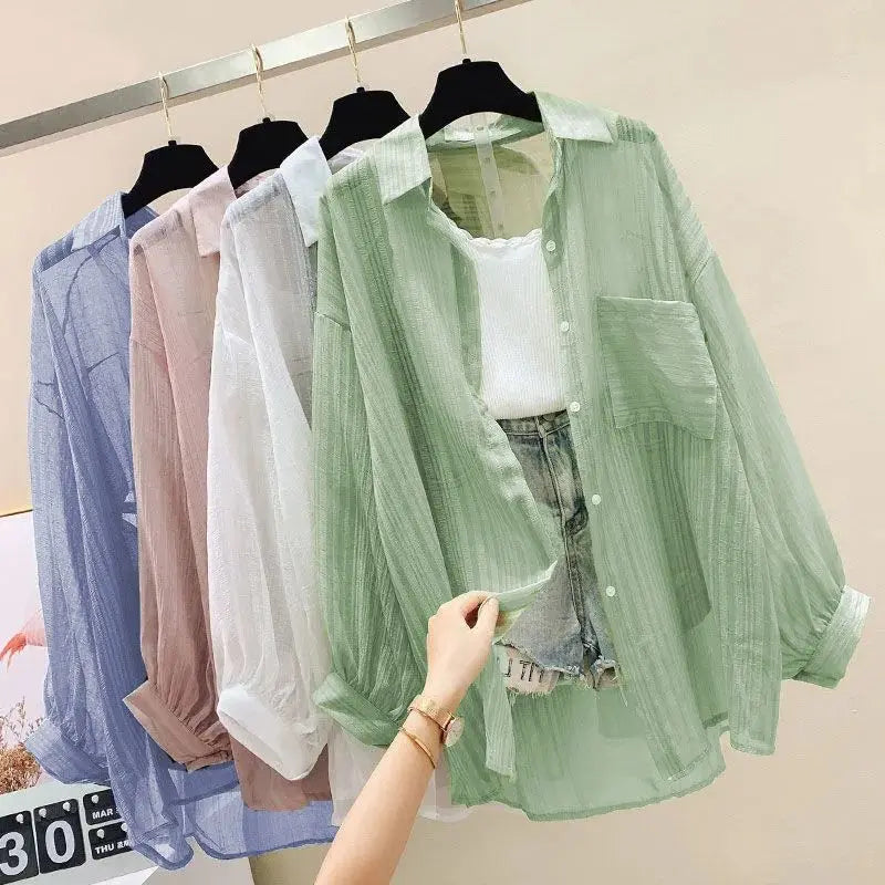 Áo chống nắng cho nữ, áo sơ mi chiffon mỏng xuyên thấu, áo kiểu Harajuku Hàn Quốc rộng rãi, áo khoác cardigan nữ thường ngày. 