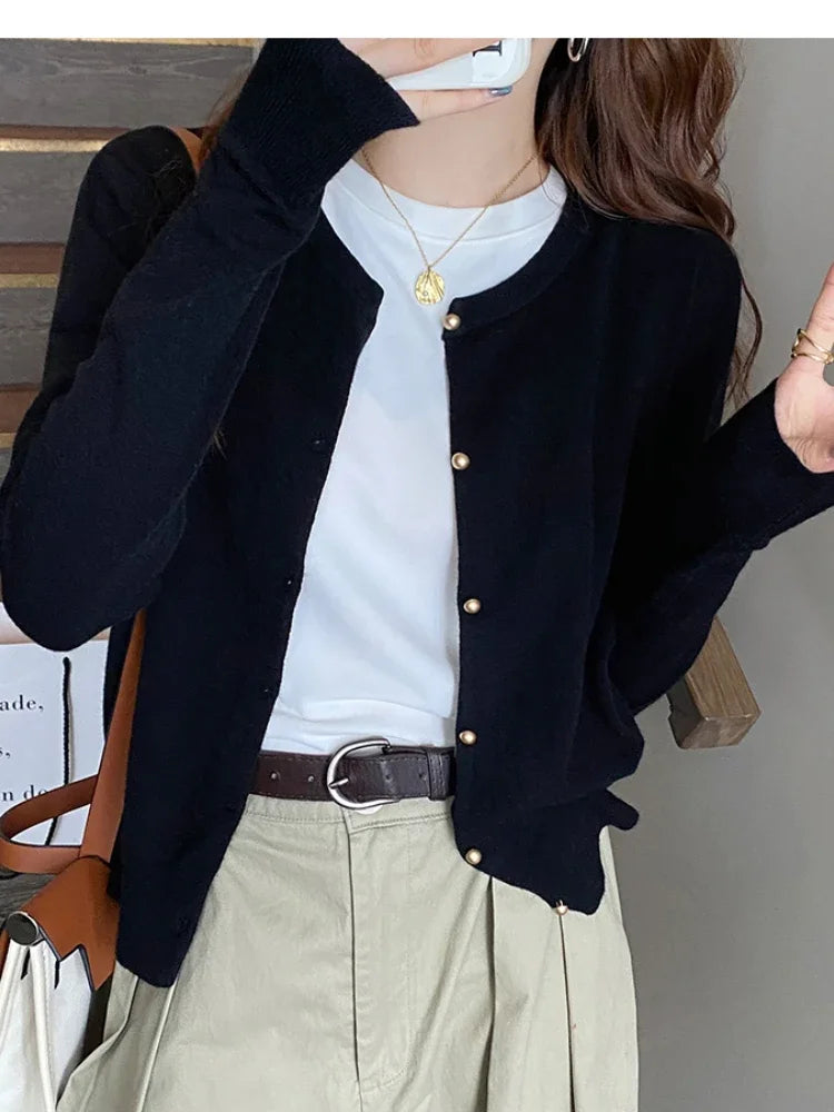 Solid Color Knitted for Women Cardigan Korean Single Breasted Long Sleeve Jumper Woman Round Neck All Match Cardigans Outwear