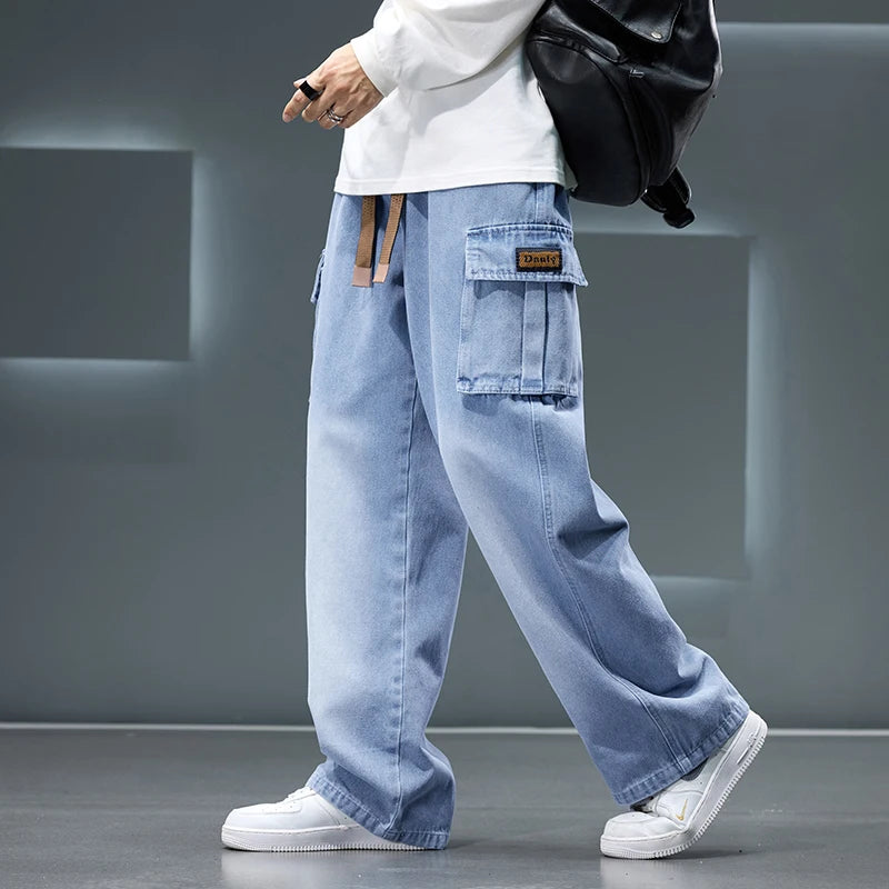 Autumn New Wide Leg Washing Jean Pants Men Trousers Neutral Solid Color Loose Casual Fashion Pocket Cargo Pants Big Size 8xl