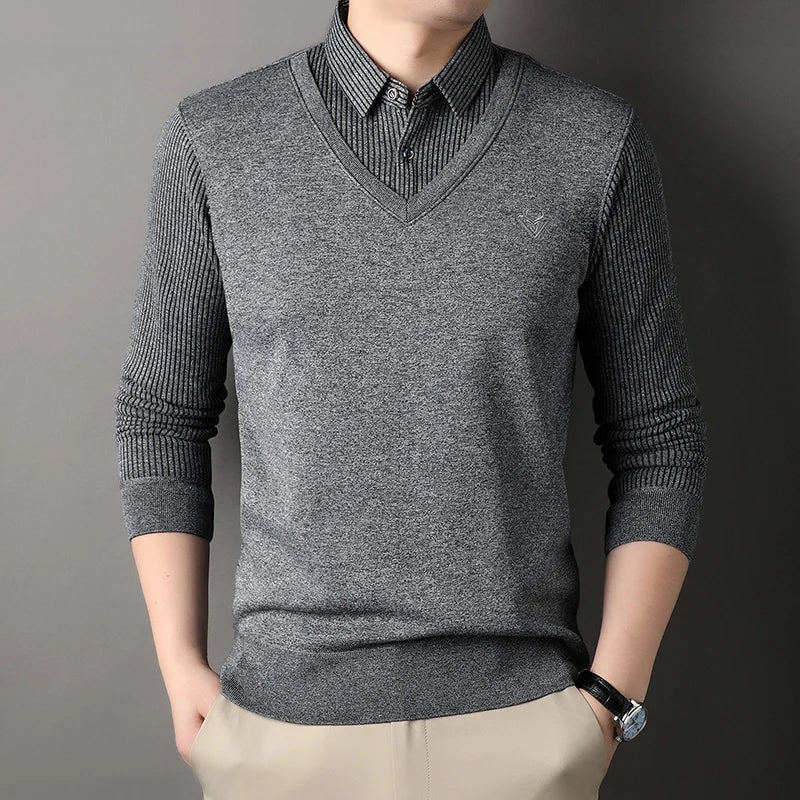 New Autumn Men's Polo Collar Shirts Fashion Knitting Pullovers Striped Thick Polo Shirts Slim Fit Korean Mens Top Clothes