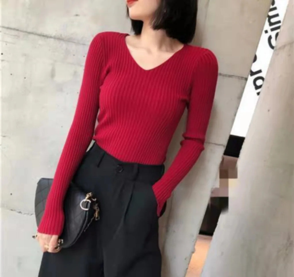 2025 Korean Autumn Winter V Neck Sweater Fashion Casual Long Sleeve Knitted Sweaters Solid Color Slim Pullovers Women Clothes