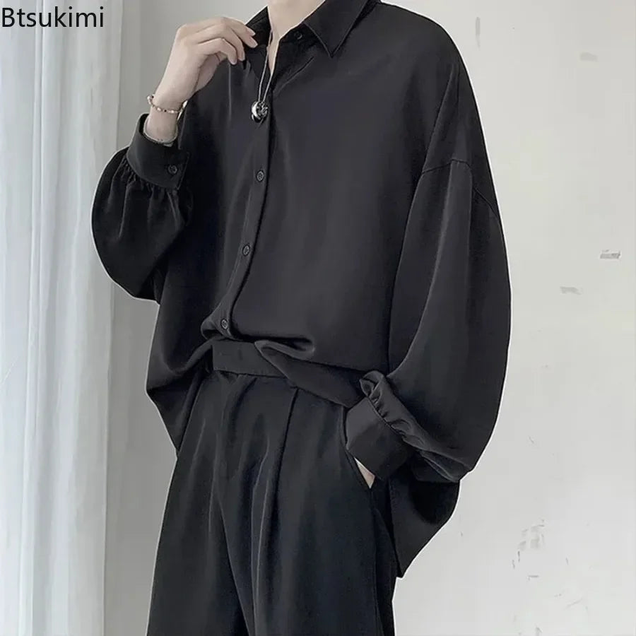 Men's Korean Style Long Sleeve Shirts Black Tie Cozy Casual Solid Oversize Blouses Breathable Loose Shirt Harajuku Male Clothes