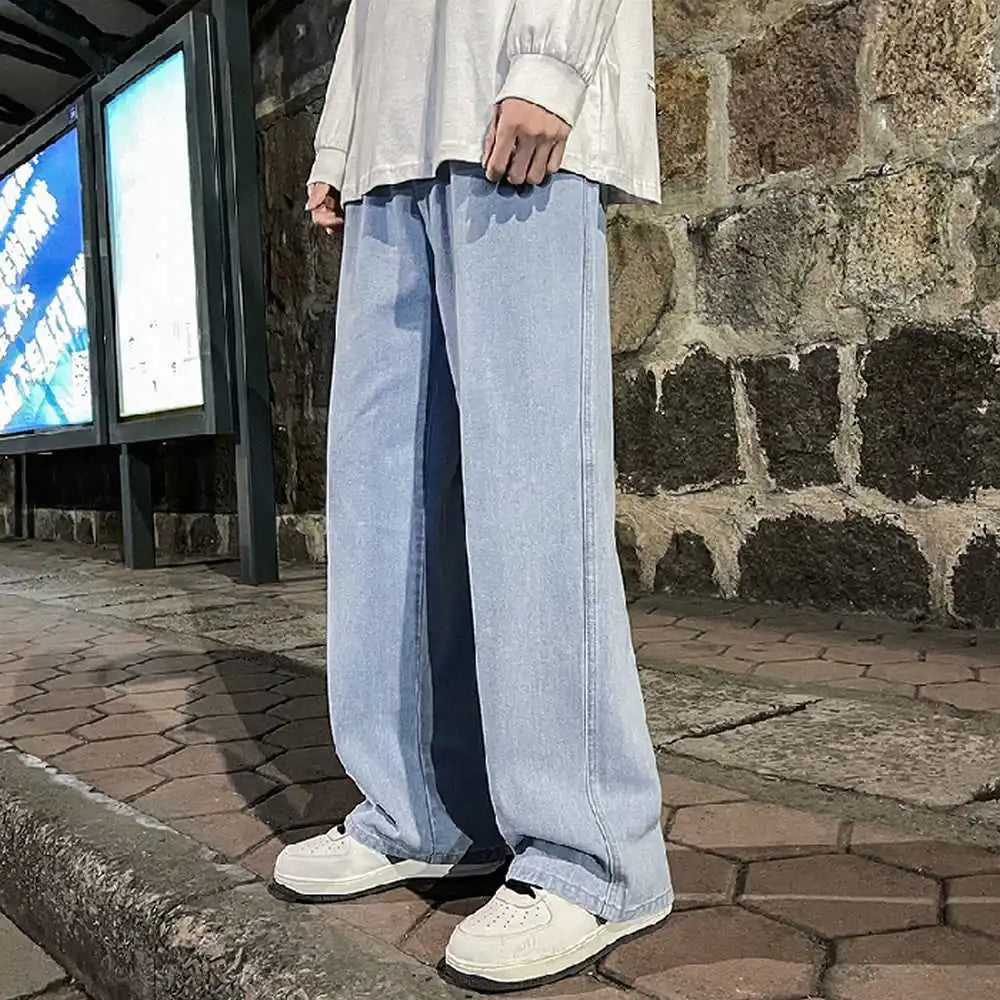 Fashion Men's Solid Color Drape Jeans Loose Straight Korean Vintage High Street Hip-hop Y2K Casual Daily Dragging Wide-leg Pants