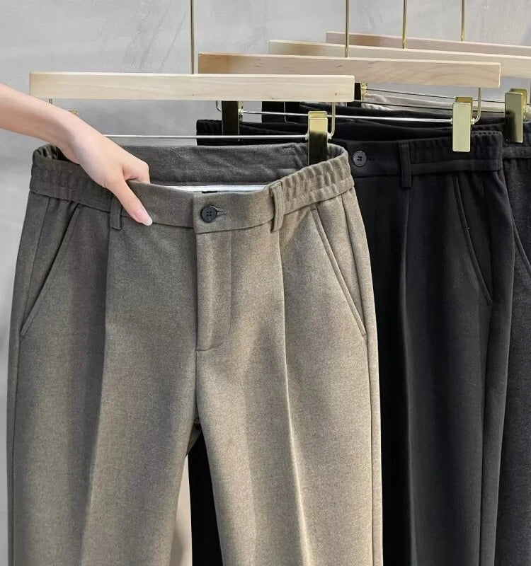 Men's Woolen Straight Leg Pants Autumn Winter Thiened Casual Long Trousers Faionable Korean Sle Nine Points Pants