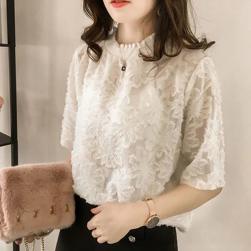 Elegant Women Blouse Fashion Lace Summer Half Sleeve Clothes Korean Style Ins Fairy Comfortable Leisure Party Feminine Tender
