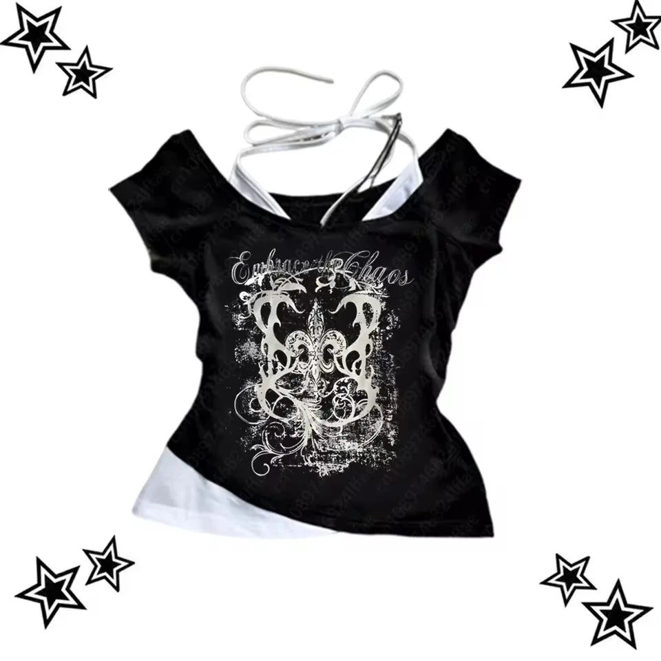 Women's 90s Vintage Punk T-Shirt Summer Streetwear Sexy Short Sleeve Gothic Slim Crop Top Hotgirl Casual Femme Tee Harajuku Y2k