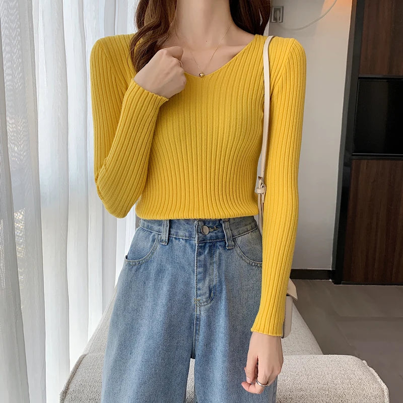 2025 Korean Autumn Winter V Neck Sweater Fashion Casual Long Sleeve Knitted Sweaters Solid Color Slim Pullovers Women Clothes