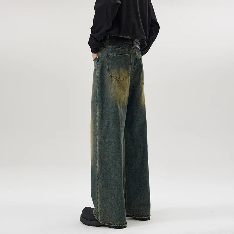 Vintage Distressed Men's Baggy Straight Jeans Spring Autumn Korean High Street Moustache Effect Denim Pants Streetwear Trousers