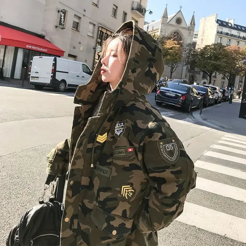 Winter Camouflage Cotton Parkas for Women Thickened Long Style Unisex Fashion Korean Version Cargo Cotton Padded Coat Clothes