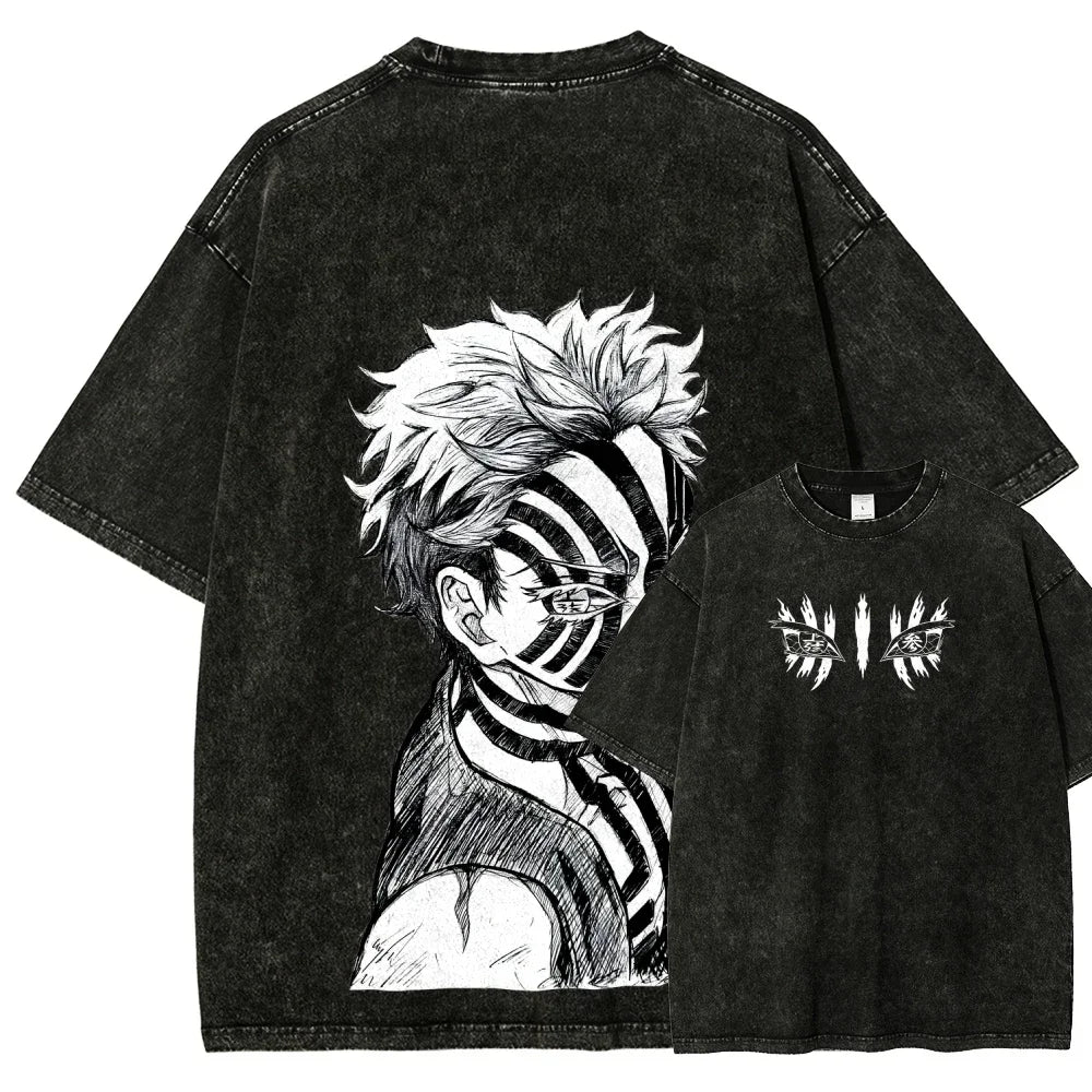25 New Popular Anime Hit Show Washed Vintage Akaza T-shirt Manga Graphic Men's Clothing Cotton Oversized Short Sleeve Tees Tops
