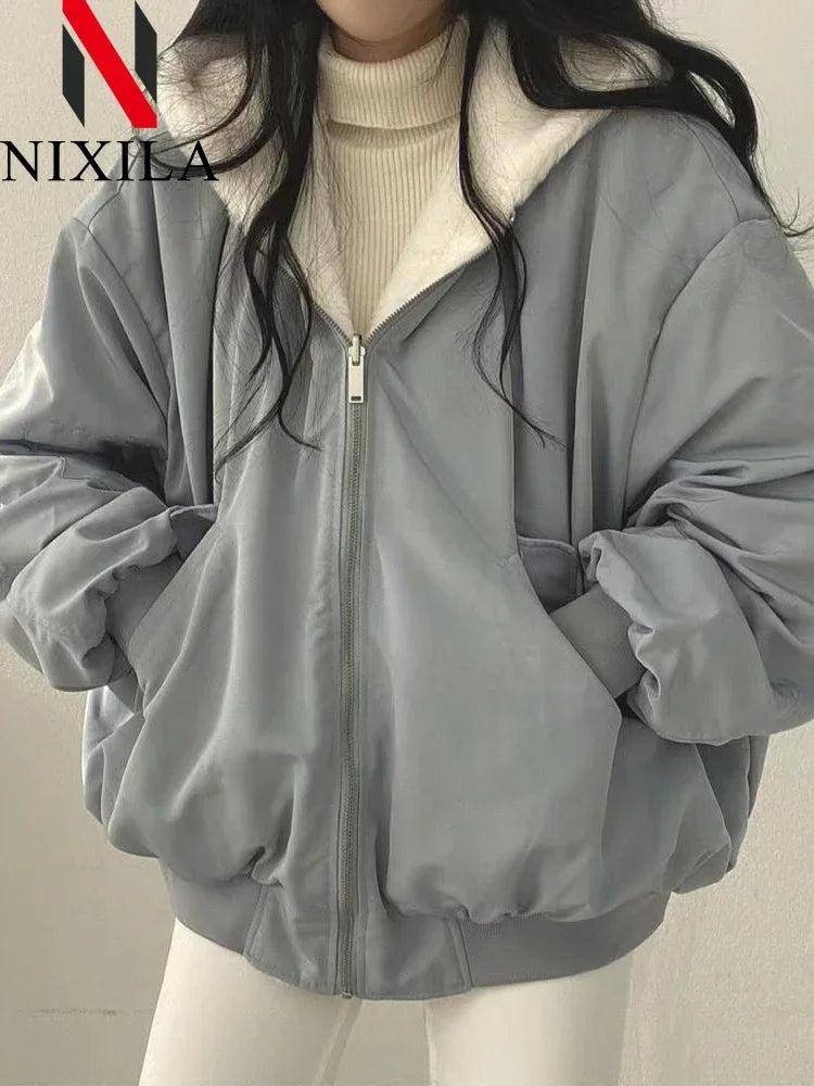 New in Jackets for Women Thick Warm Parkas Oversized Double Sided Hooded Korean Fashion Casual Loose Zip Up Coat Female Clothes