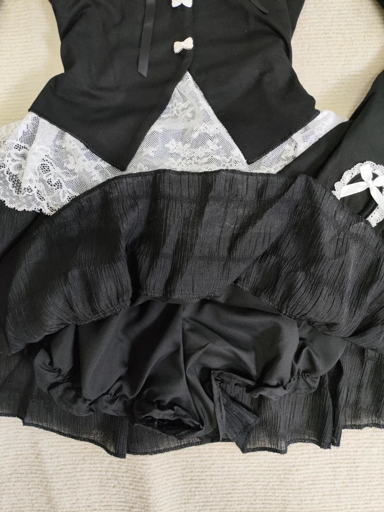 New Autumn Vintage Fashion Long Sleeve 2 Piece Set Woman Sexy Bow Lace Y2k Tops +Mini Skirt Harajuku Slim Korean Popular Clothes