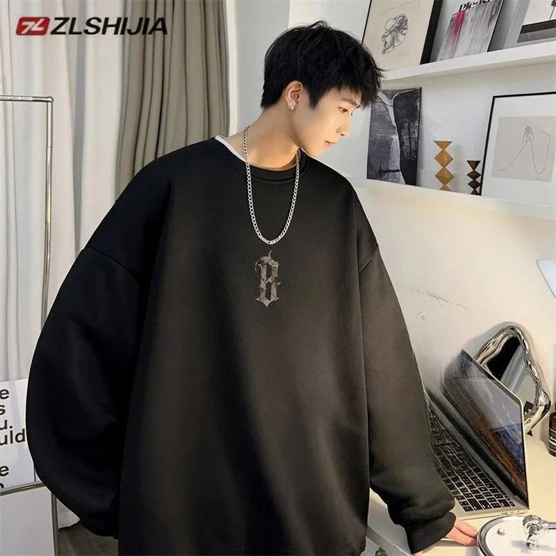 M-8XL Autumn Men Pullover Hoodie Oversized Sweatshirt Korean Fashion Loose Letter Print Long Sleeve Plus Velvet Couple Clothes