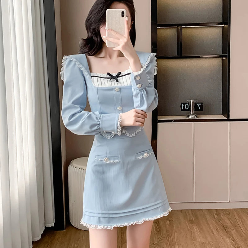 Korean Style Women Two-Piece Set Sweet Lace Splicing Slim Crop Tops + Bodycon Mini Skirts Matching Suit Female Clothes