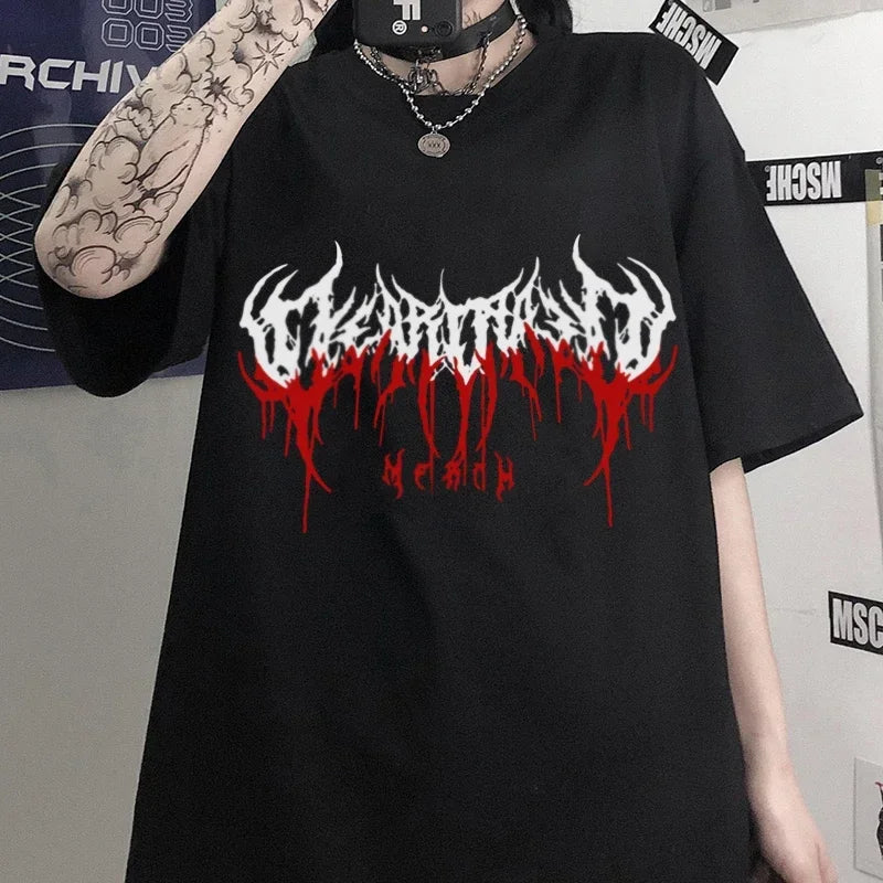 Women's T-shirt Harajuku Y2K Top Oversized T Shirt Retro Korean Style Black Demon Punk Gothic Anime Print Clothes Streetwear