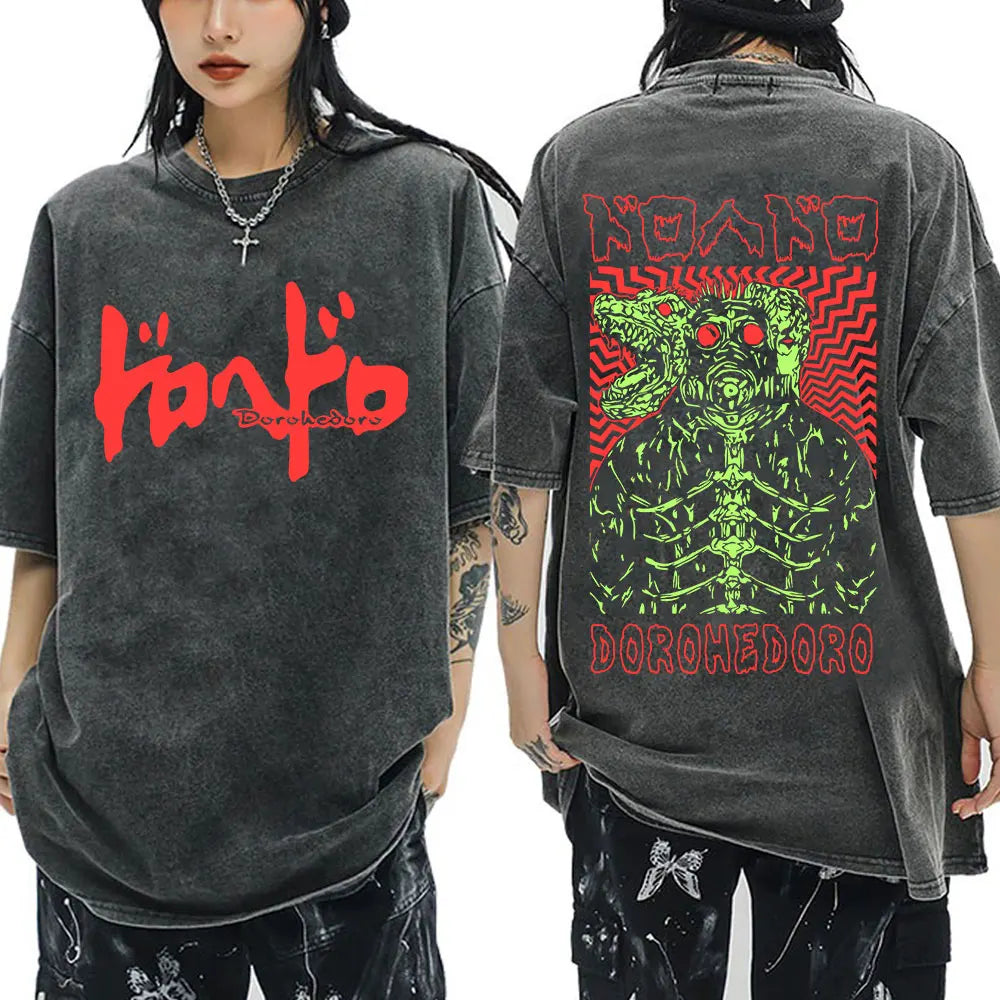 Japanese Anime Dorohedoro Kaiman Vintage Washed T-shirt Men Women Cool Manga Graphic T-shirts Gothic Horror Tee Shirt Oversized