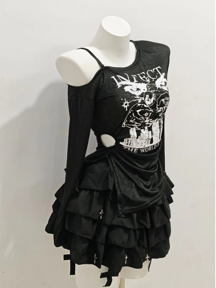 2000s Aesthetic Sweet Retro Women Clothes 2 Piece Set Chic Off Shoulder Tops + Black Fluffy Skirt Korean Popular Outfits Summer