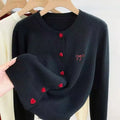 2025 Women Knitted Cardigan Bow Embroidery O-Neck Single Breasted Heart-shaped Button Sweater Korean Casual Solid Knitting Tops