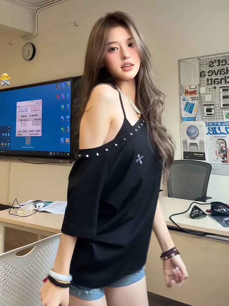 Áo thun nữ Tawaaiw phong cách retro Mỹ, tay ngắn, kiểu Hàn Quốc, hở vai, thập niên 2000, áo thun Y2K. 