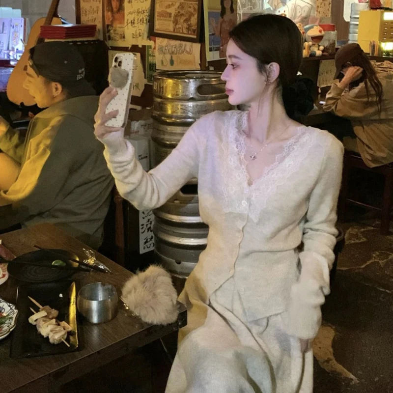 Korean Lace Long-sleeved Knitted Top Cardigan Casual Autumn Fashion French Elegant Tops Skirts Two-piece Suit Women's Clothes