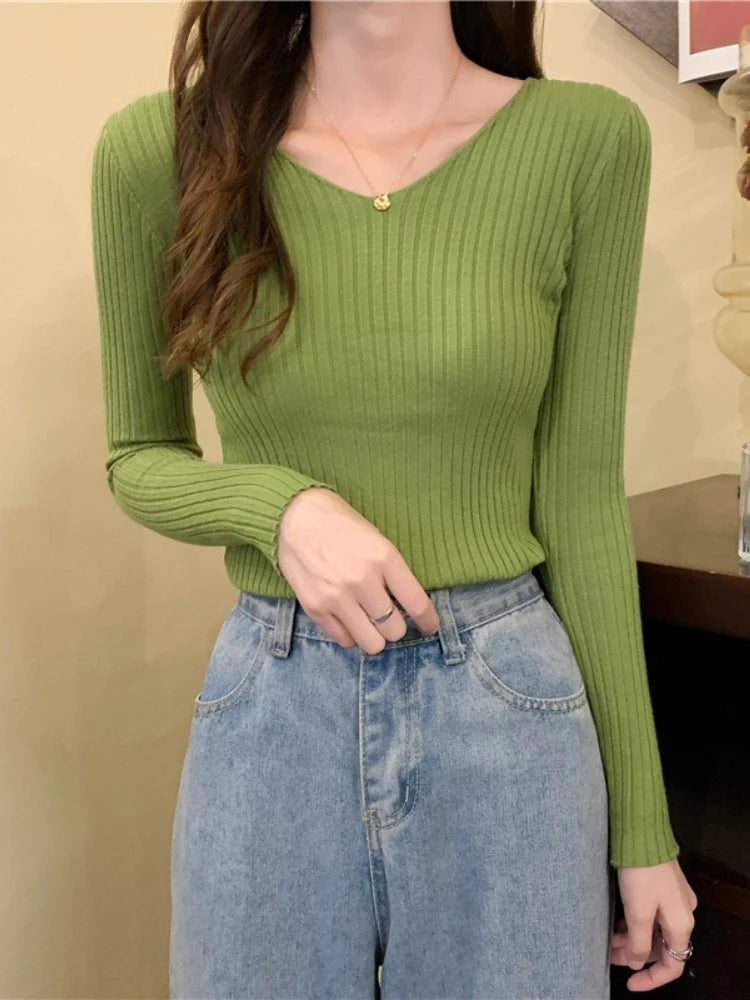 2025 Korean Autumn Winter V Neck Sweater Fashion Casual Long Sleeve Knitted Sweaters Solid Color Slim Pullovers Women Clothes