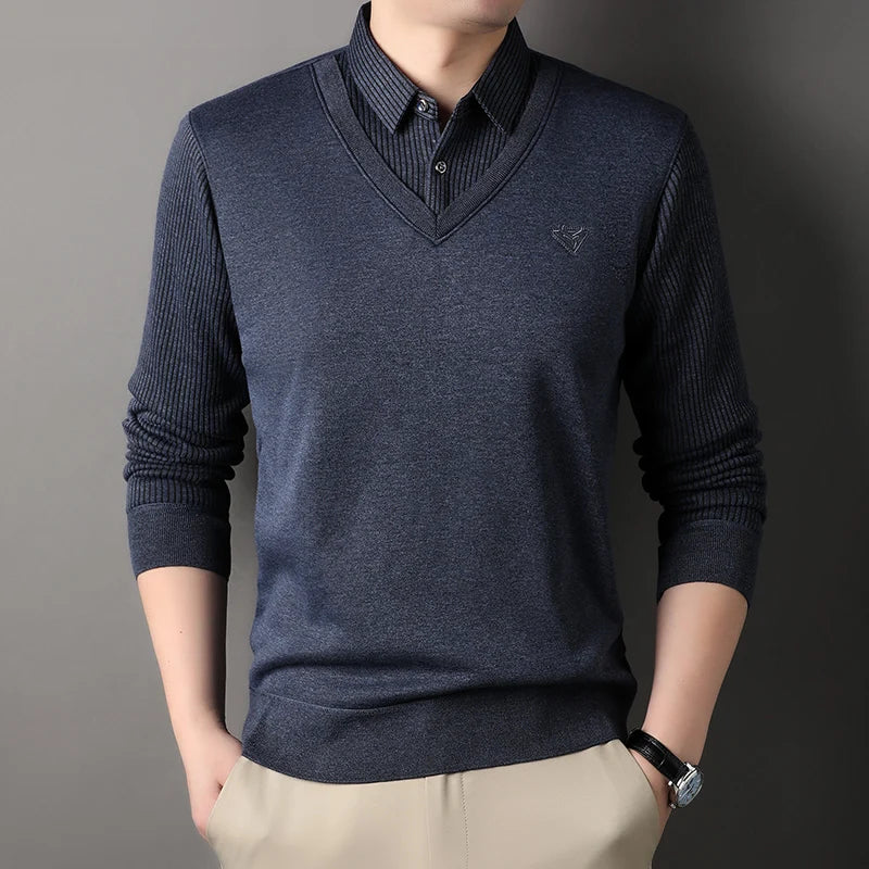 New Autumn Men's Polo Collar Shirts Fashion Knitting Pullovers Striped Thick Polo Shirts Slim Fit Korean Mens Top Clothes