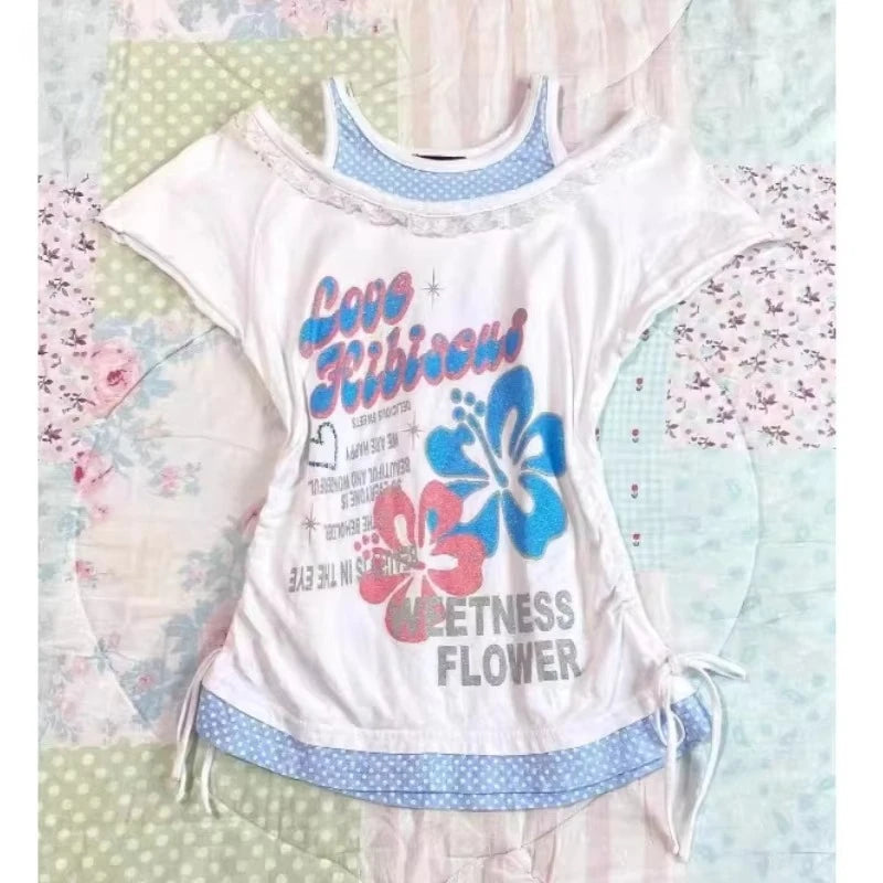 2025 Ropa Mujer T-Shirts Women Clothes Short Sleeve Lace O-neck Sweet Tees Fashion Casual Summer Tshirt Korean Camisetas Kawaii