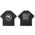 Men T-Shirt Aphex Twin Washed Black Print Cotton Graphic Oversized Korean Fashion Short Sleeve Tops Tees Y2k Streetwear Clothing