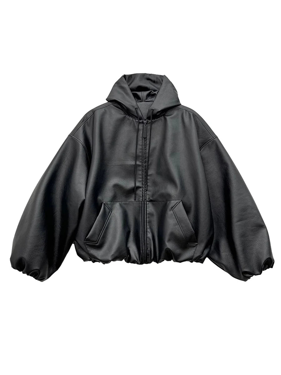 Mauroicardi Spring Autumn Short Oversized Black Soft Pu Leather Jacket Men with Hood Zipper Loose Casual Korean Fashion Clothes