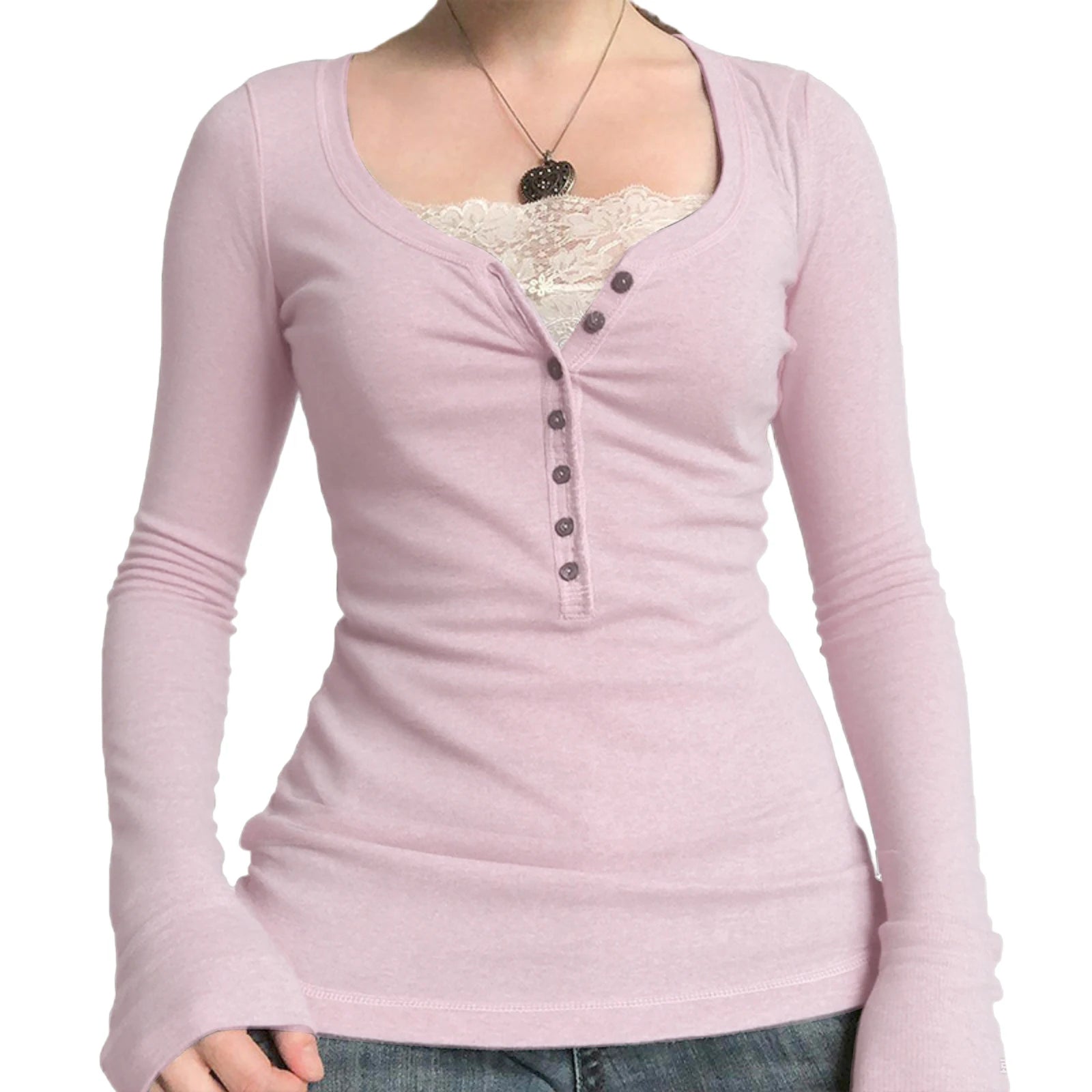 Vintage Lace Patchwork Cute Cotton Tshirts Women Korean Fashion Button Fairy Grunge Y2K Clothes Casual Spring Autumn Retro Tops